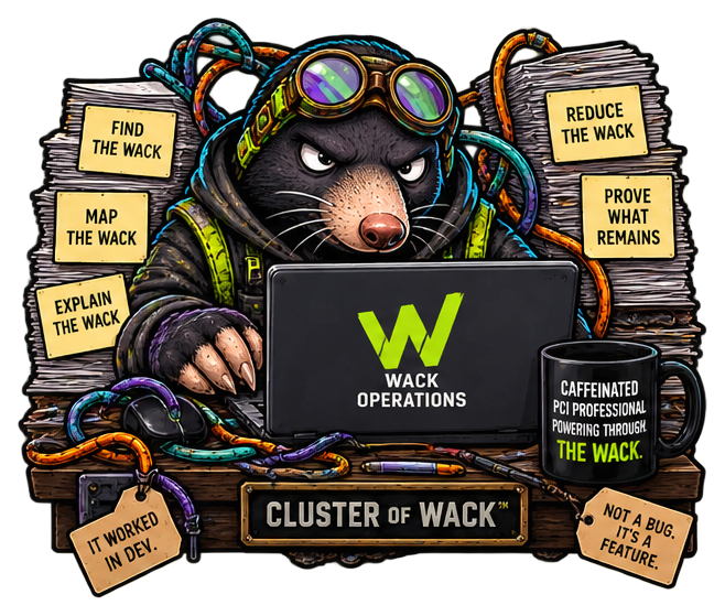 The W/ Operations Owner Desk workstation surrounds a PCI practitioner with mapped dependencies, evidence tags, and the five-step field method.