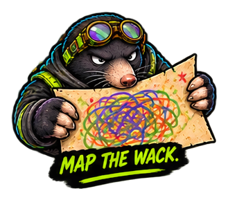 W/ A Mole maps a tangled architecture while the scope graph below connects payment journeys, influence paths, evidence, and claims.