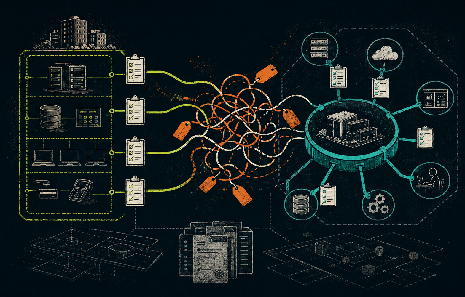 Customer and service-provider environments connected by clear service paths that become tangled at the responsibility handoff.