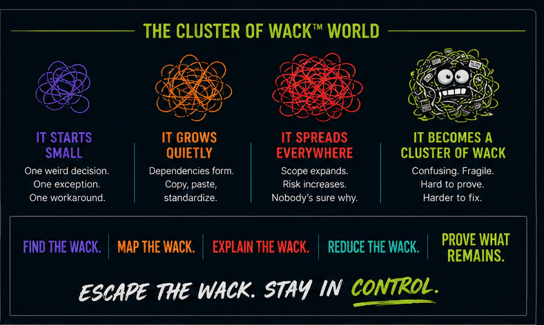 The Cluster of Wack process from one weird decision to accumulated complexity
