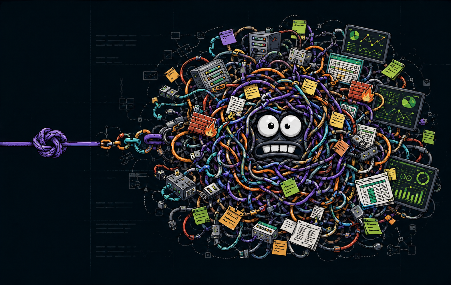 A tangled PCI DSS environment visualized as connected systems, exceptions, evidence, and ownership gaps.