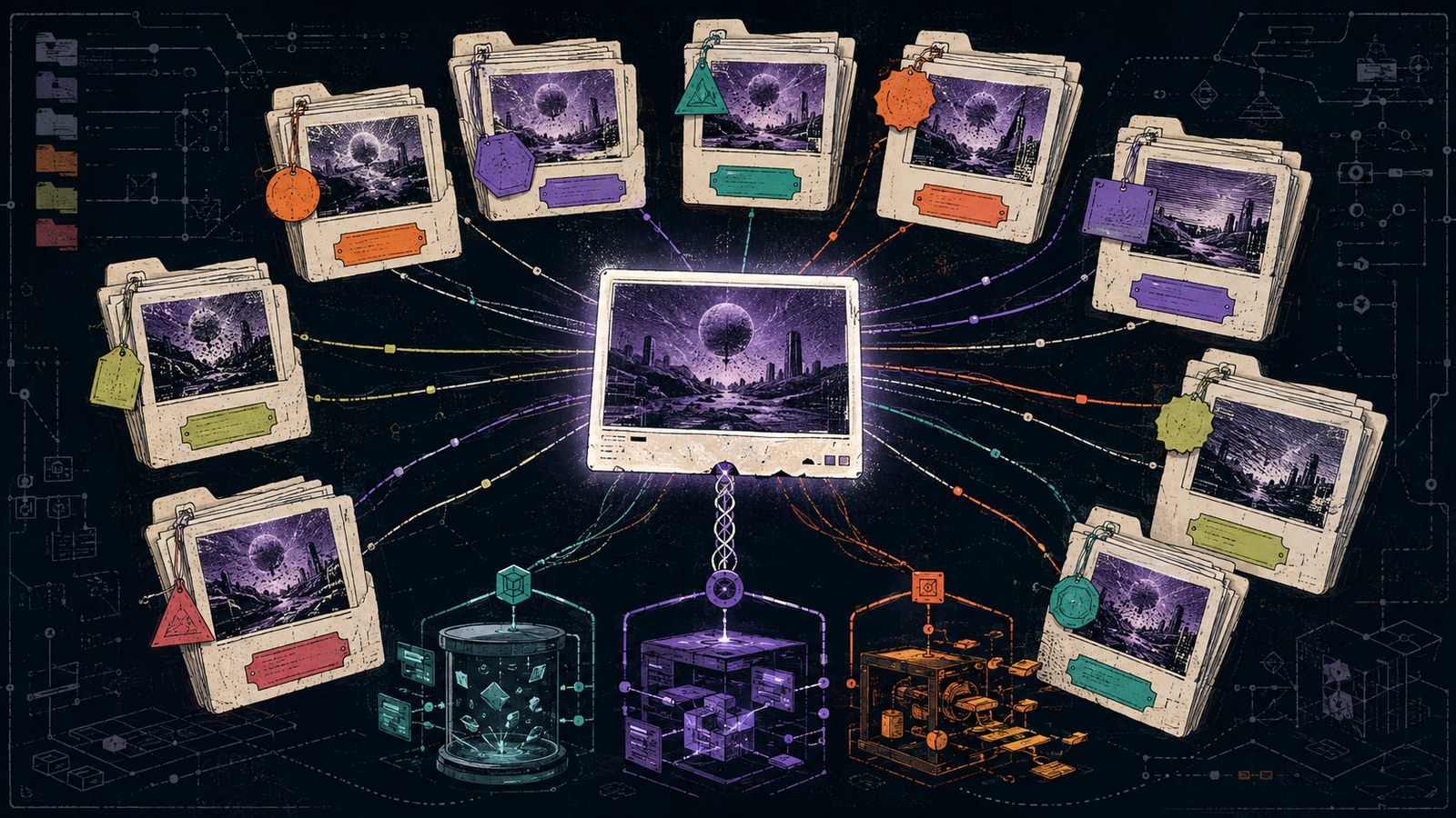 One central screenshot fans into many control folders while colored lineage threads expose three different source systems.