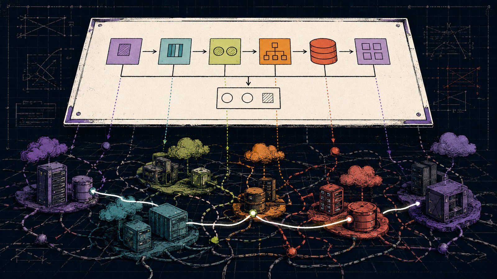 A pristine architecture diagram floats above a live environment whose systems and pathways no longer align with it.