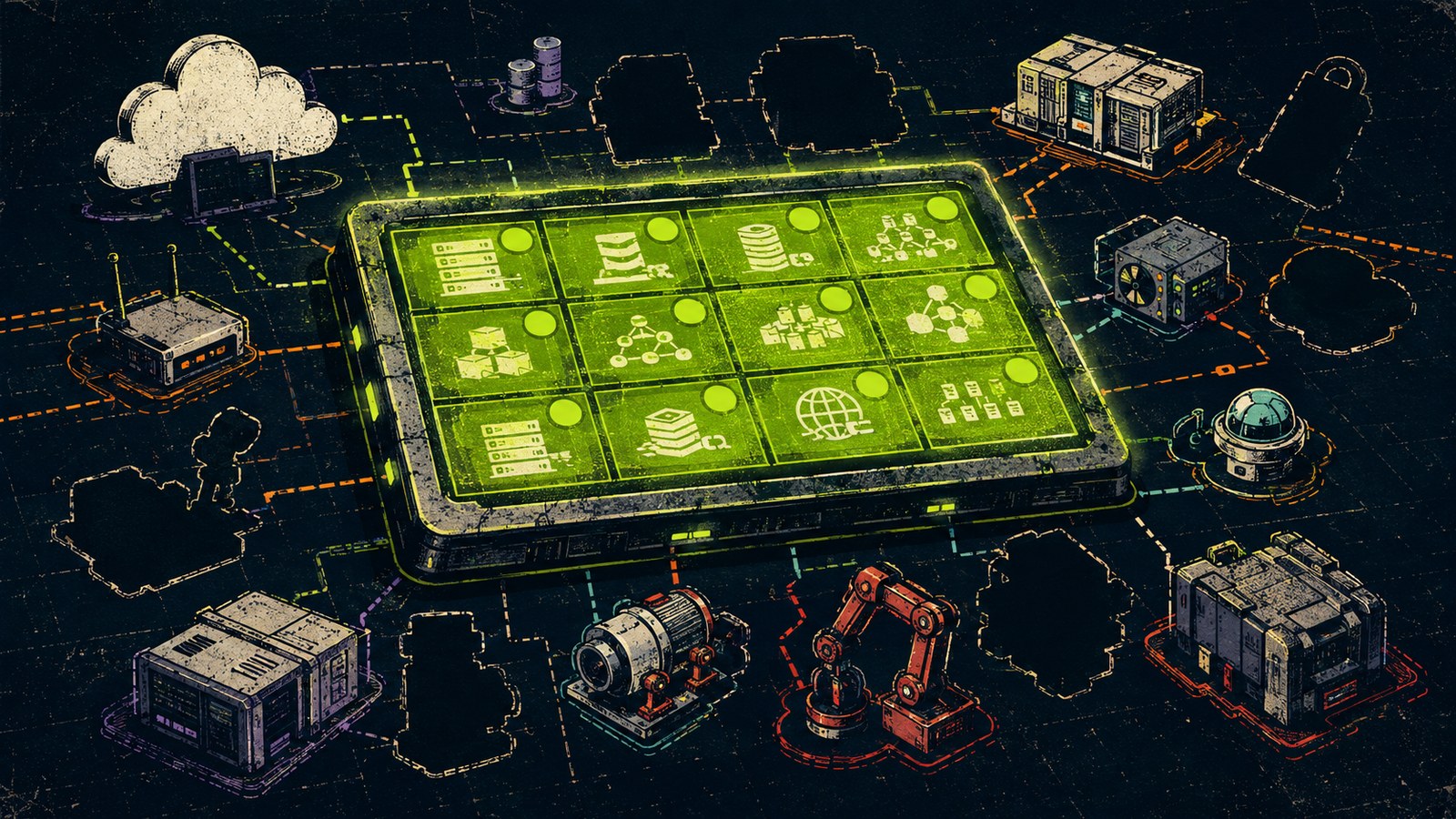 A glowing green dashboard appears complete while dark silhouettes reveal infrastructure missing from its population.