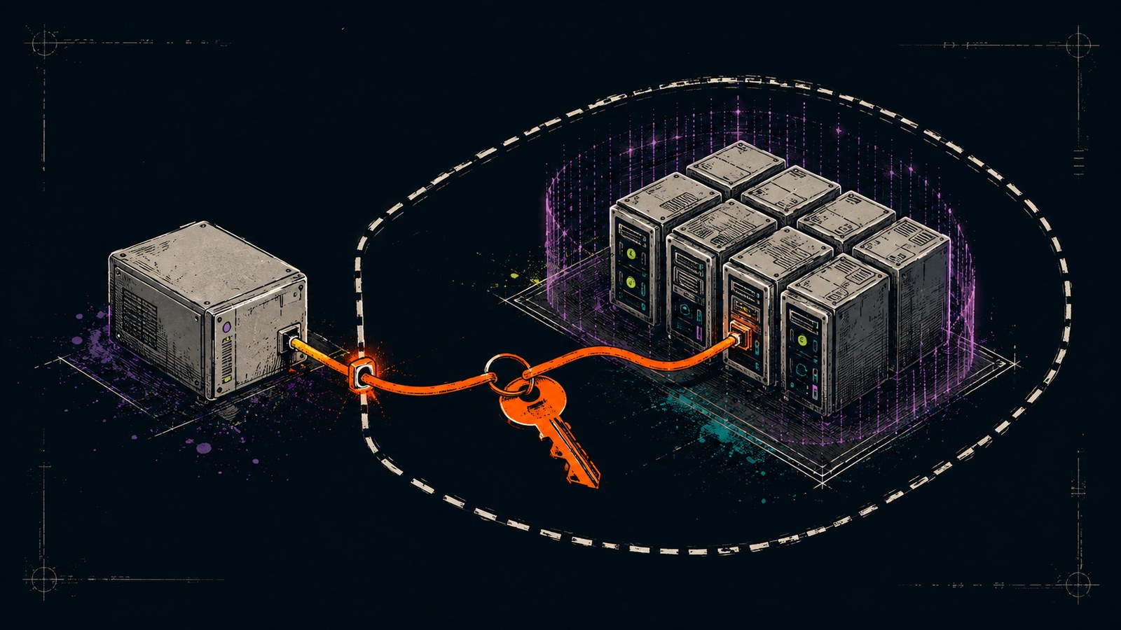 A gray management server outside a dashed boundary connects through an orange privileged cable and key to a protected server cluster.