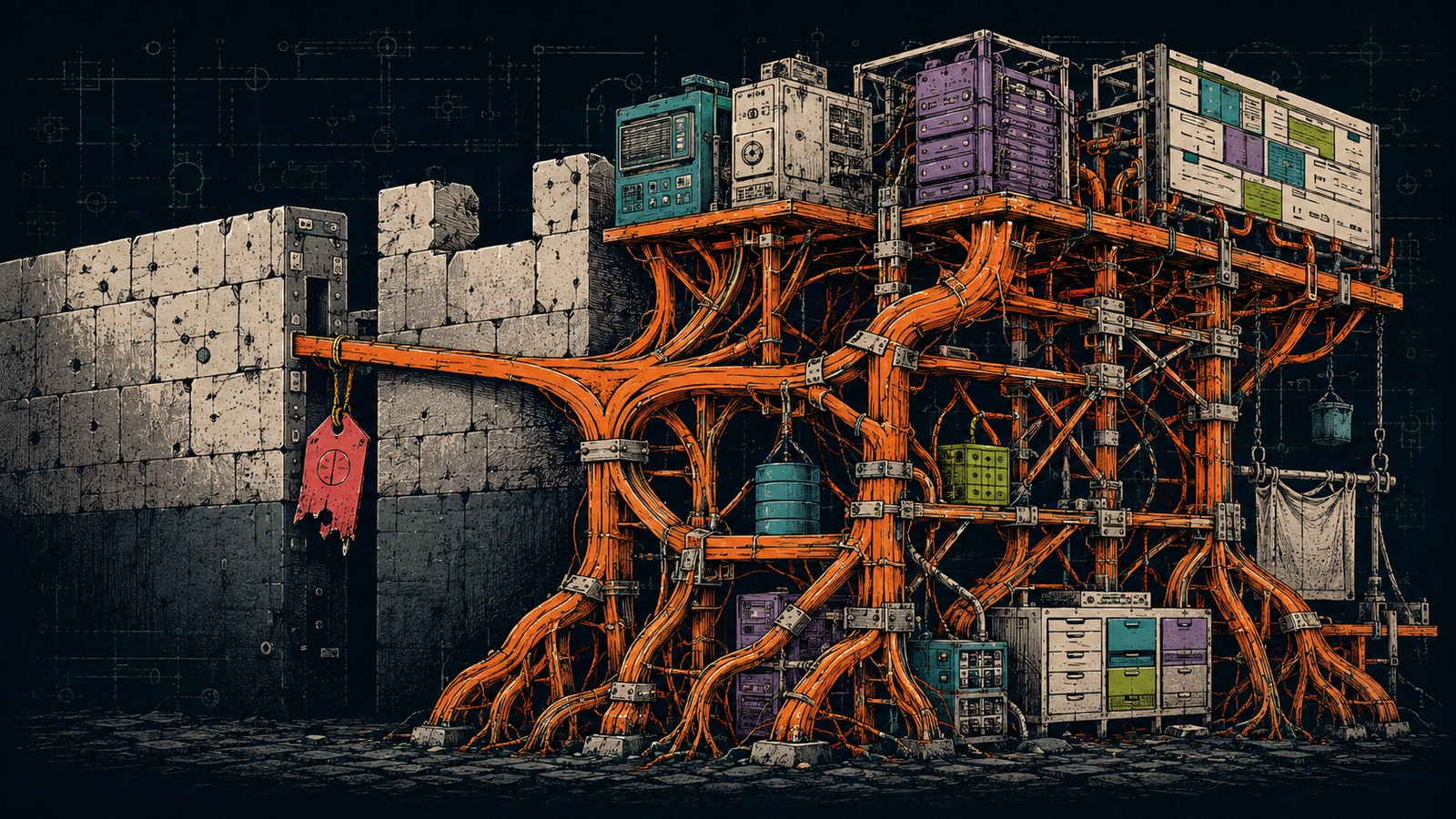 One orange firewall exception grows into tangled load-bearing conduits and scaffolding supporting an entire system estate.