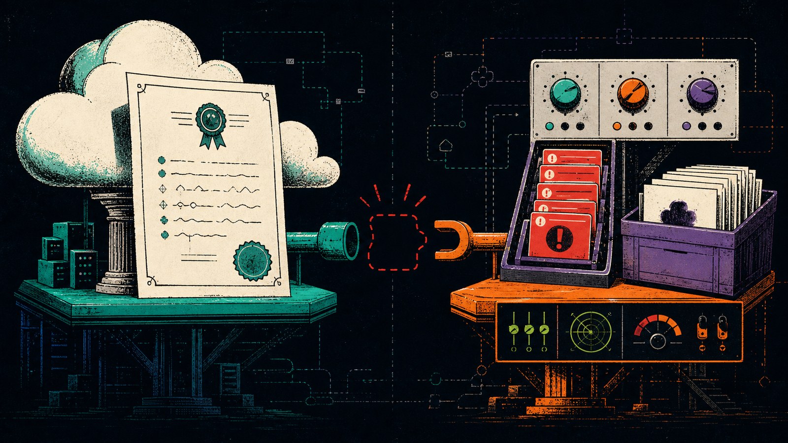 A formal provider document and cloud face customer controls across an unowned gap with mismatched connectors.